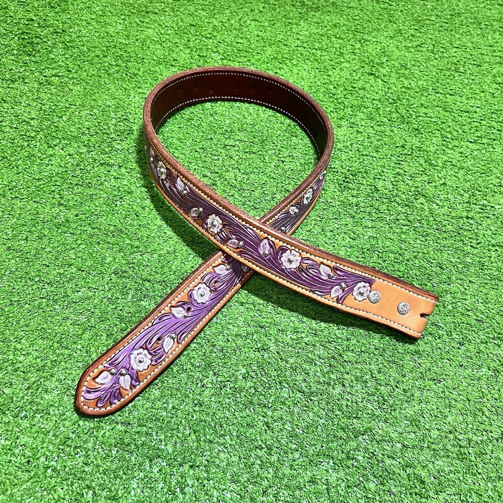 Martin Saddlery Hand Tooled‎ Leather Belt Women's 30" Purple Silver Floral NWOT